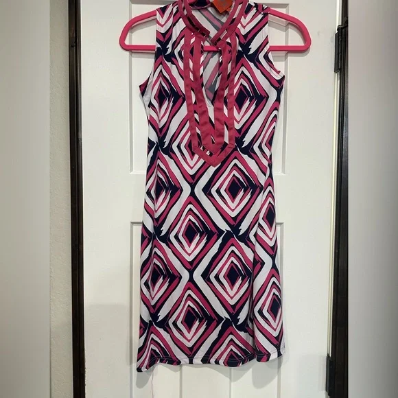 NWT Tracy Negoshian Navy Blue /Pink/ White Geometric Pattern Sleeveless Dress - Picture 2 of 7